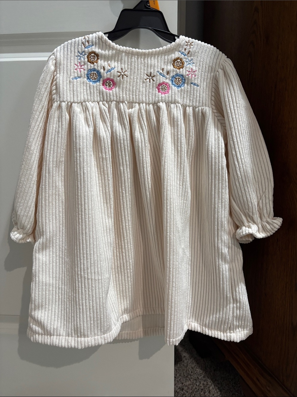 Girls Cream Ribbed Long-Sleeve Dress with Embroidered Yoke